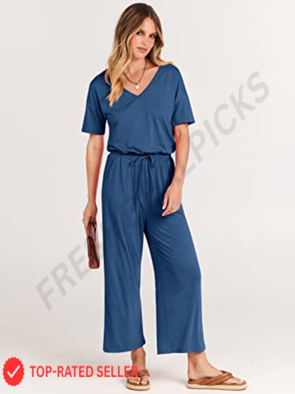 Wide Leg Cropped Jumpsuit V Neck Short Sleeve Romper with Pockets - Picture 2 of 6